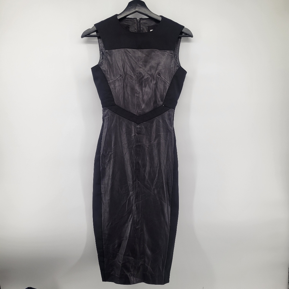 REISS Amis 100%leather contrast Midi Dress. Size 0